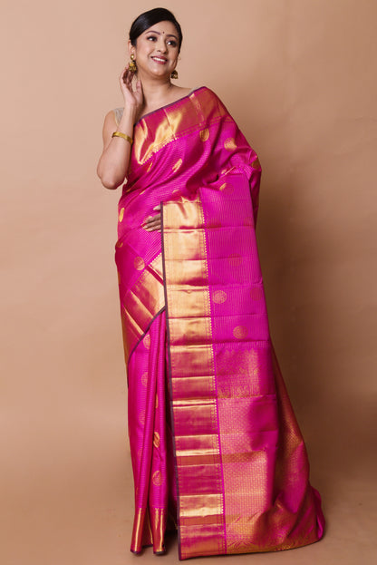 Kanchipuram Silk Checks And Butta Magenta Pink Saree