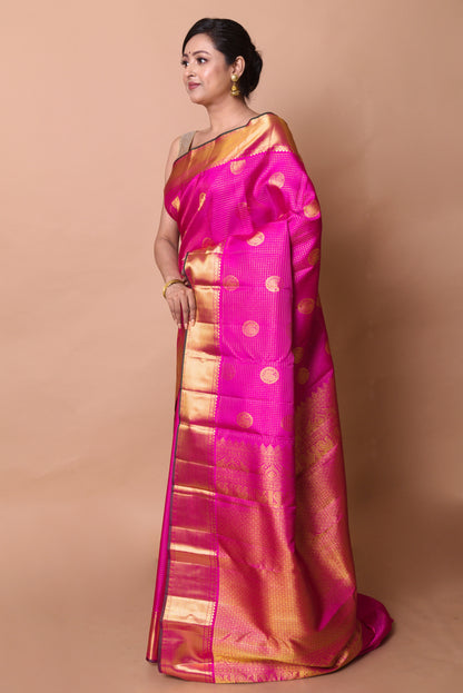 Kanchipuram Silk Checks And Butta Magenta Pink Saree