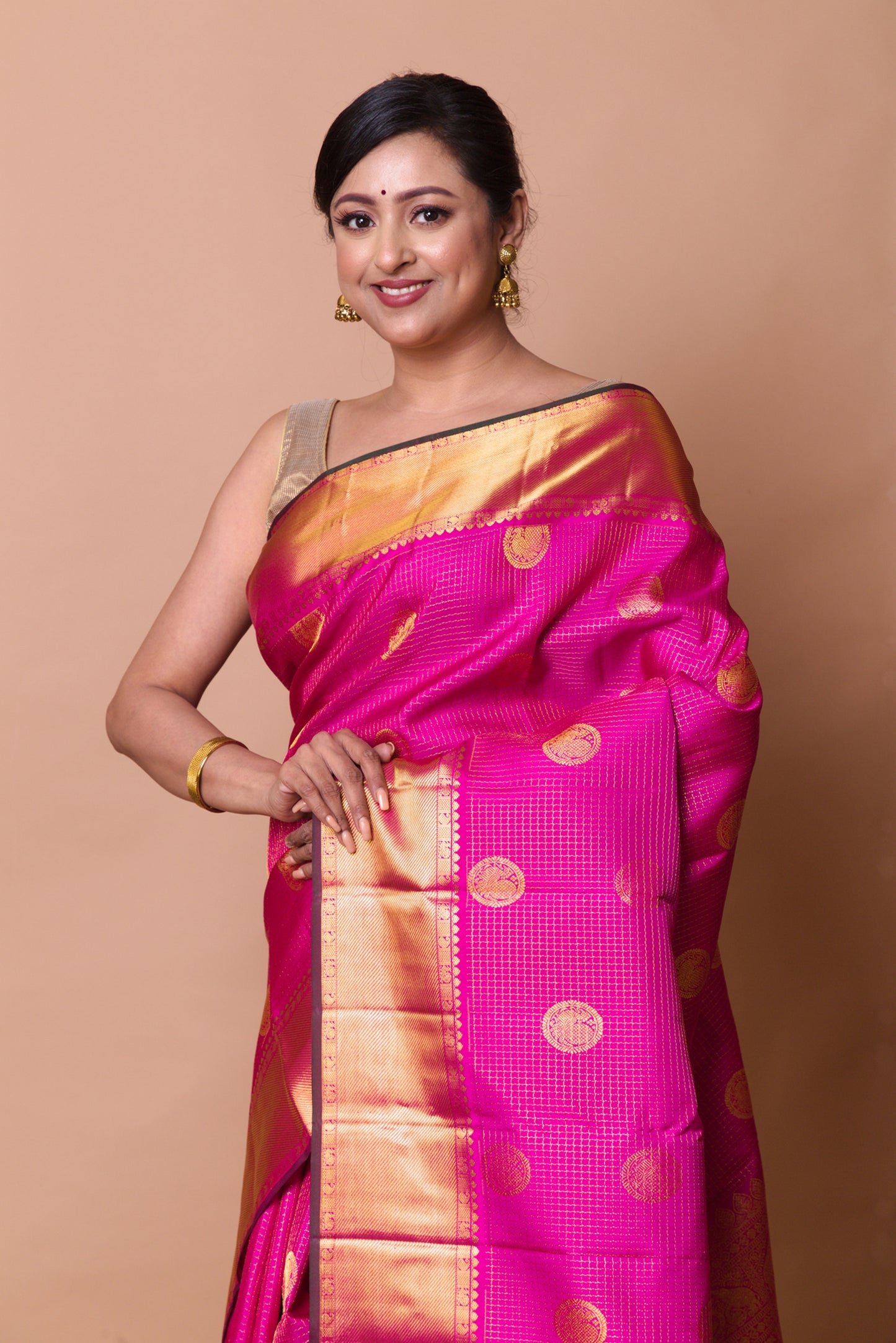 Kanchipuram Silk Checks And Butta Magenta Pink Saree