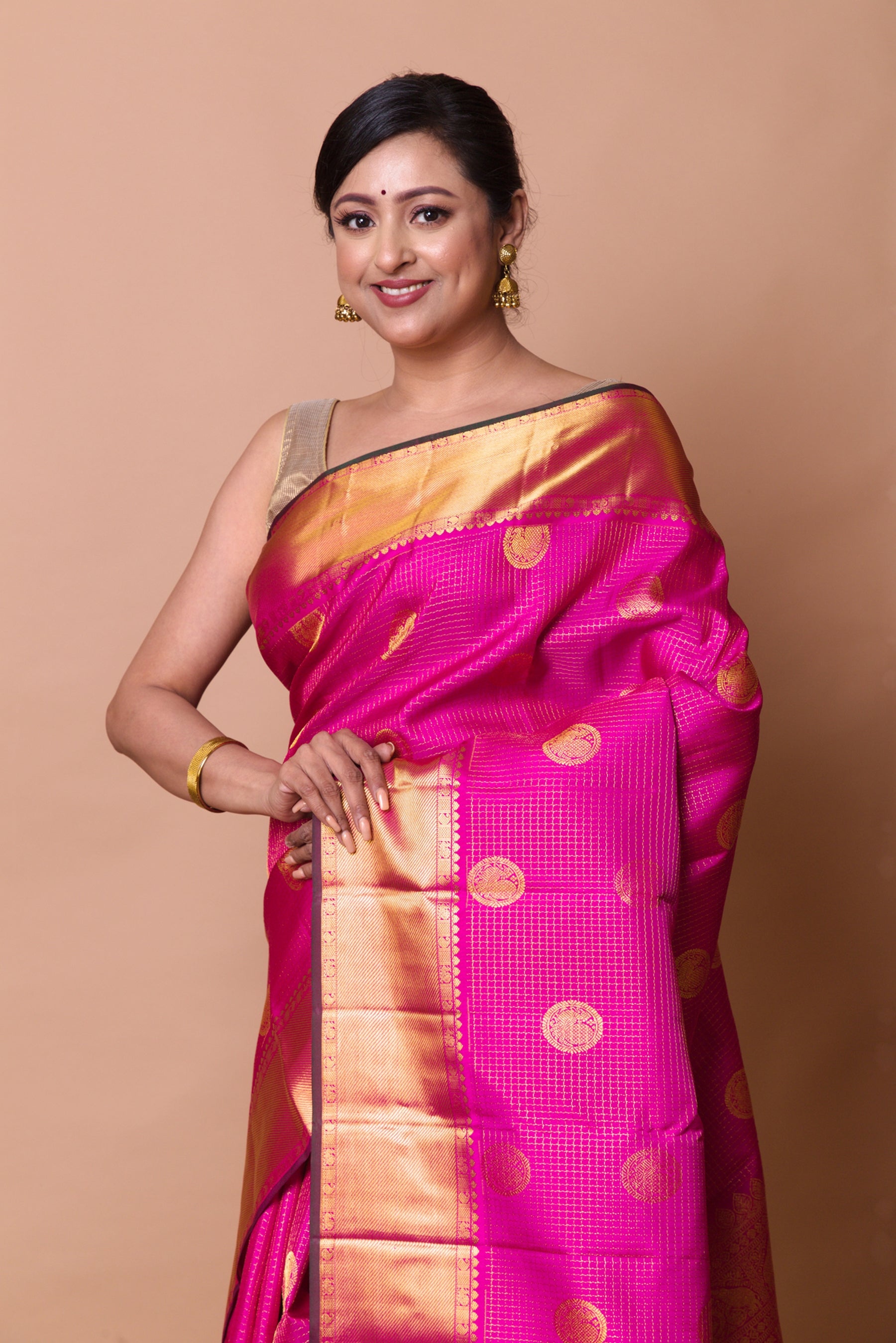 Kanchipuram Silk Checks And Butta Magenta Pink Saree