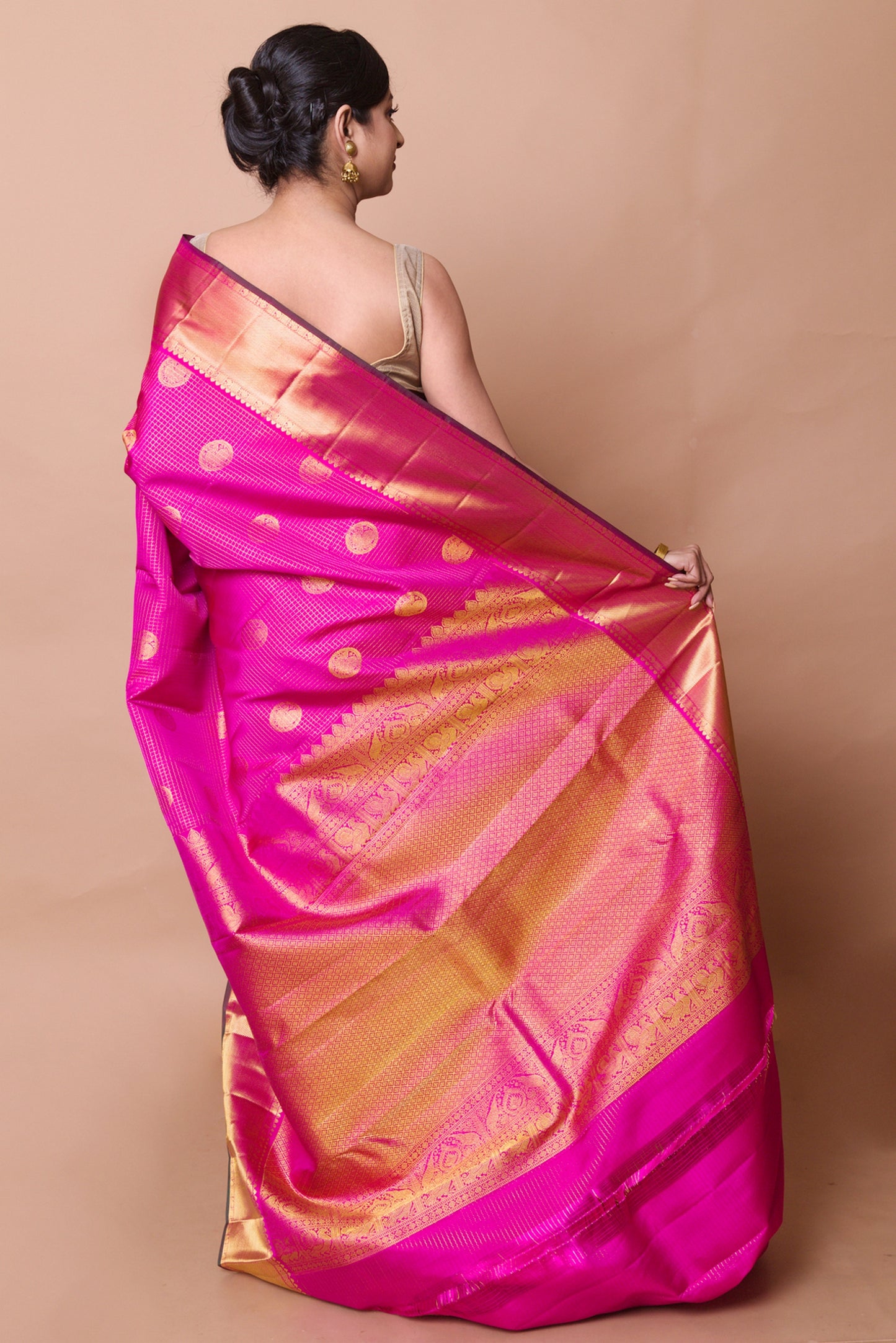 Kanchipuram Silk Checks And Butta Magenta Pink Saree