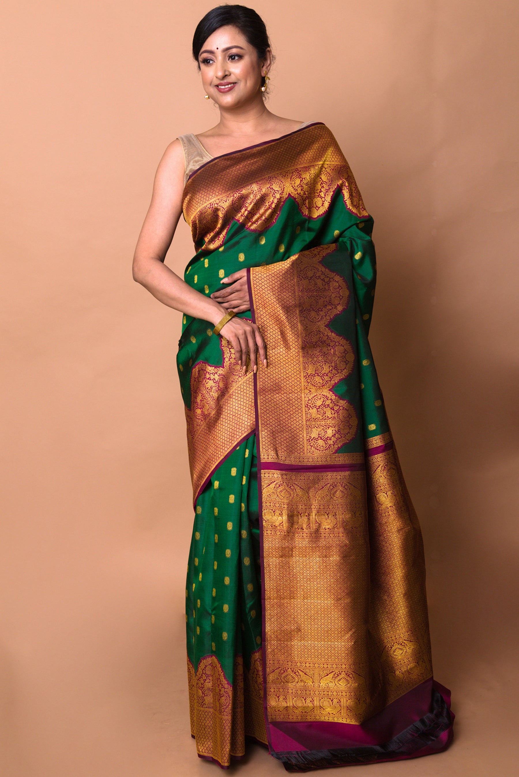 Kanchipuram Silk Butta Bottle Green Saree