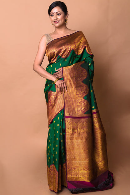 Kanchipuram Silk Butta Bottle Green Saree