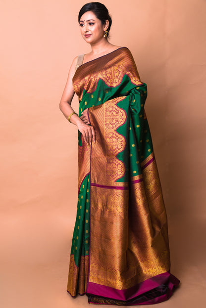 Kanchipuram Silk Butta Bottle Green Saree