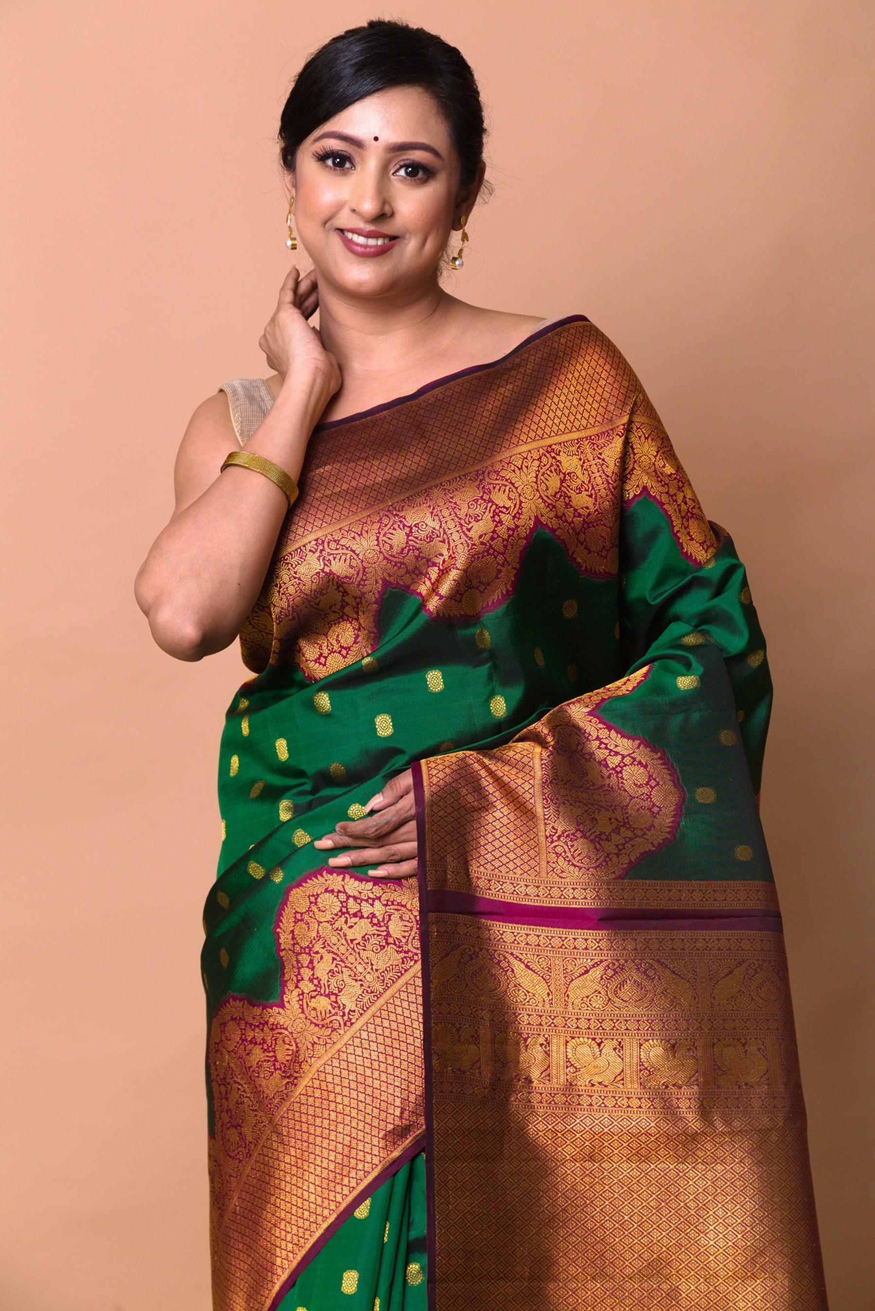 Kanchipuram Silk Butta Bottle Green Saree