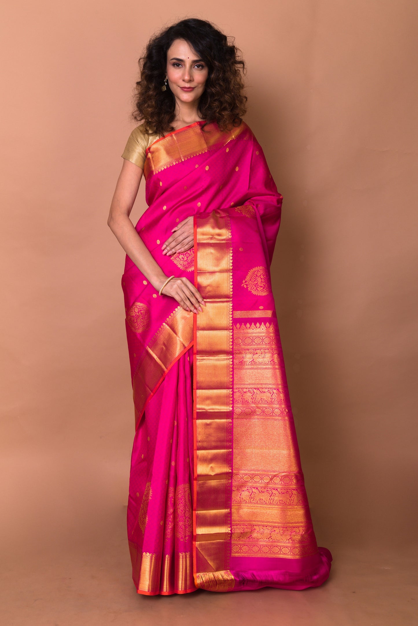 Kanchipuram Silk Jacquard And Butta Pink Saree