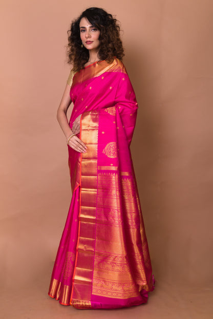 Kanchipuram Silk Jacquard And Butta Pink Saree