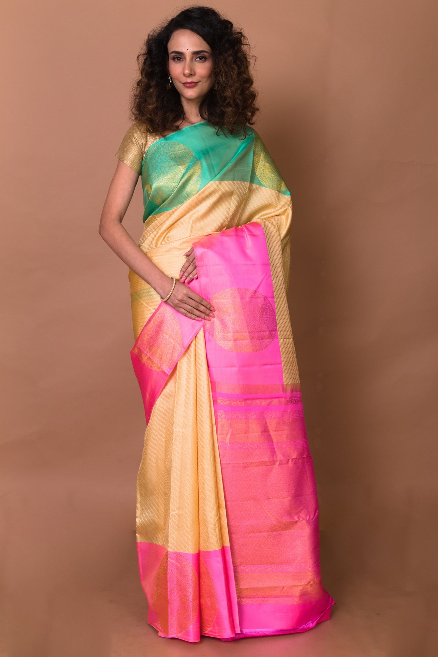 Kanchipuram Silk Brocade Cream Saree With Ganga Jamuna Border