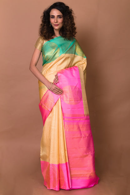 Kanchipuram Silk Brocade Cream Saree With Ganga Jamuna Border