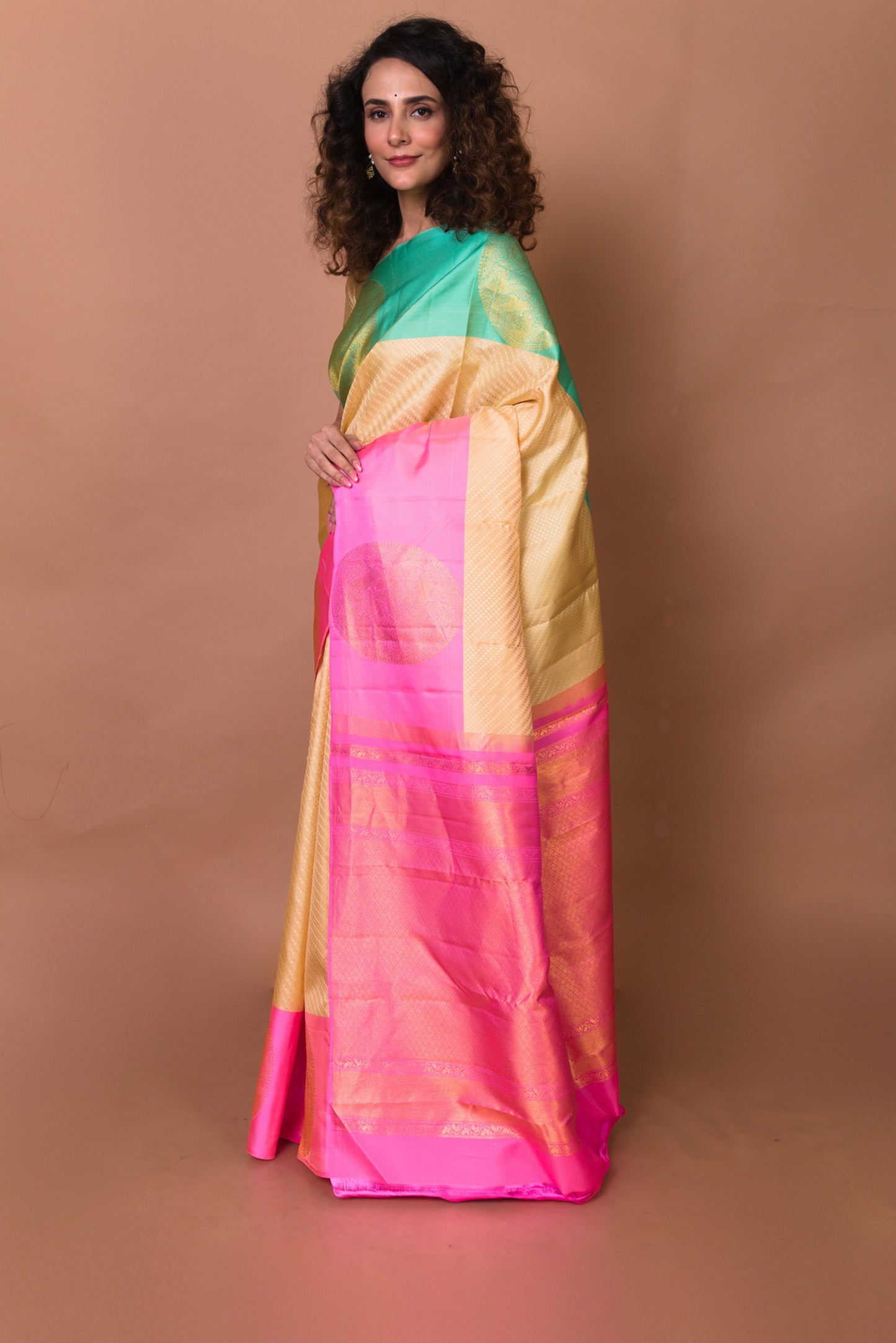 Kanchipuram Silk Brocade Cream Saree With Ganga Jamuna Border