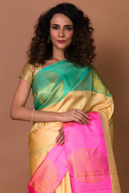 Kanchipuram Silk Brocade Cream Saree With Ganga Jamuna Border