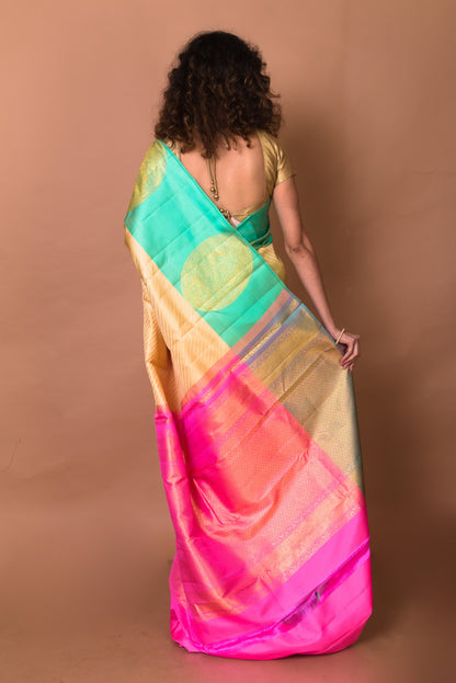 Kanchipuram Silk Brocade Cream Saree With Ganga Jamuna Border