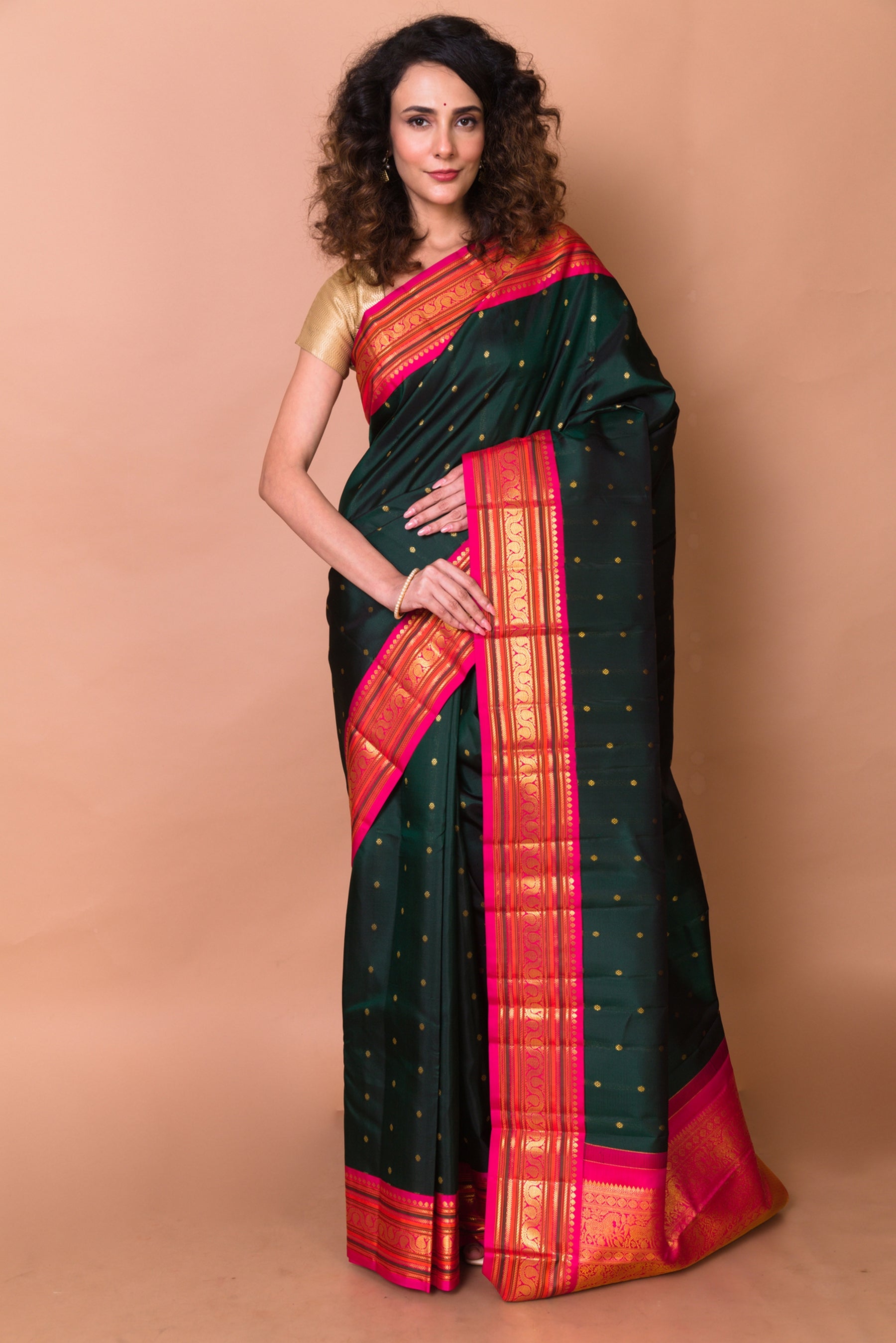 Kanchipuram Silk Butta Bottle Green Saree