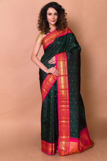 Kanchipuram Silk Butta Bottle Green Saree