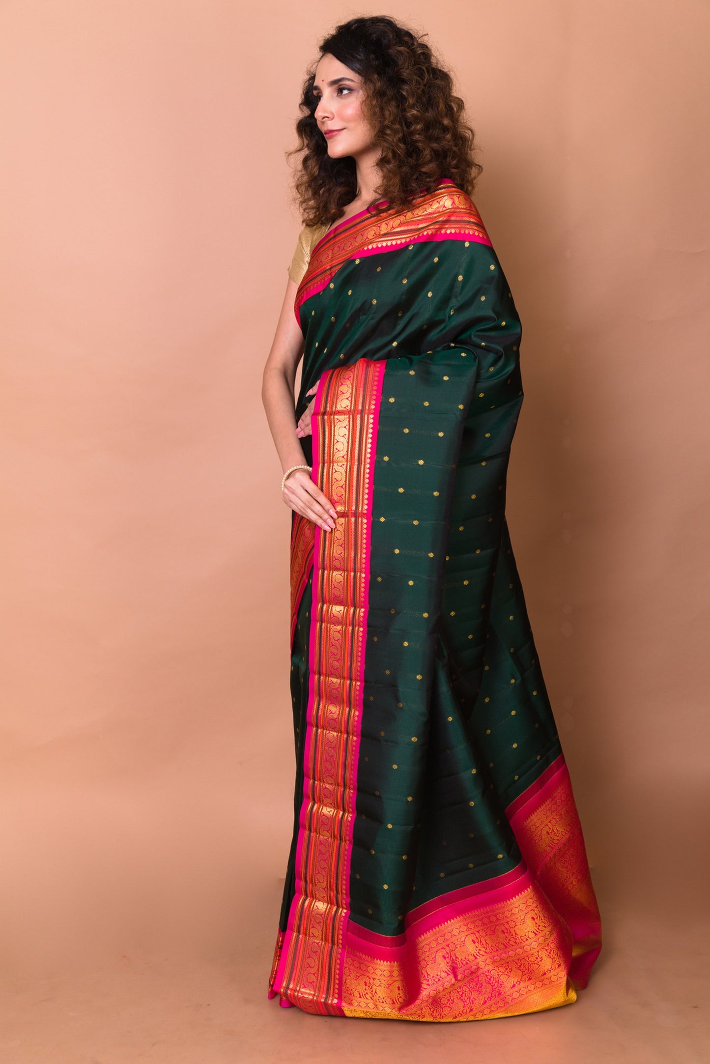 Kanchipuram Silk Butta Bottle Green Saree