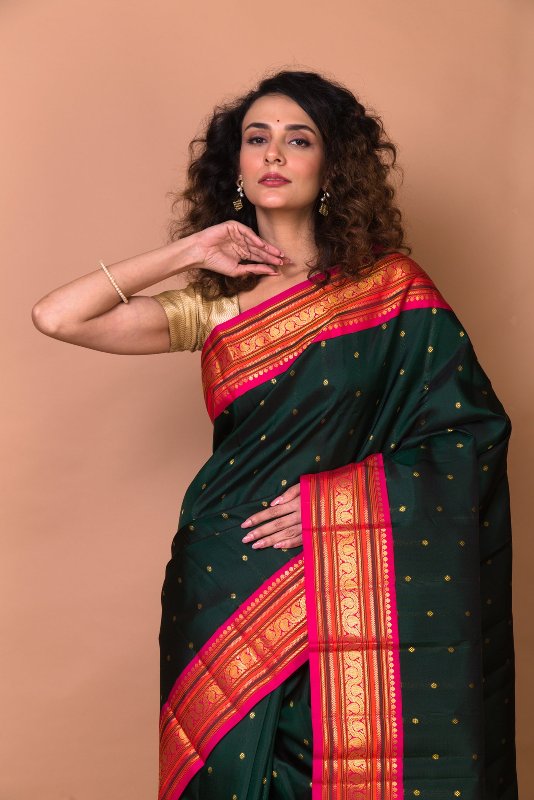 Kanchipuram Silk Butta Bottle Green Saree