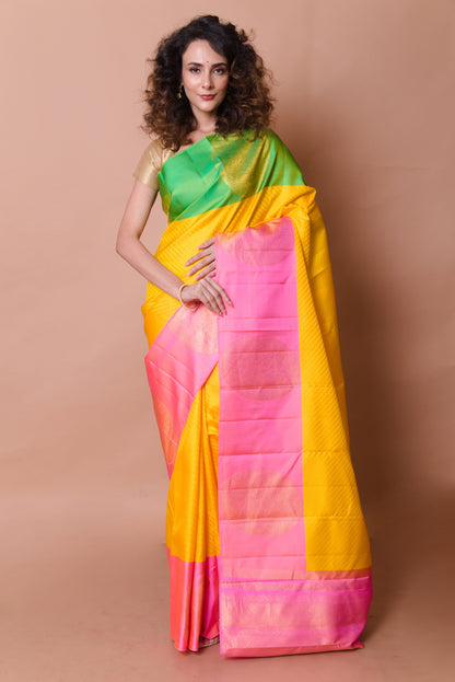 Kanchipuram Silk Brocade Yellow Saree With Ganga Jamuna Border