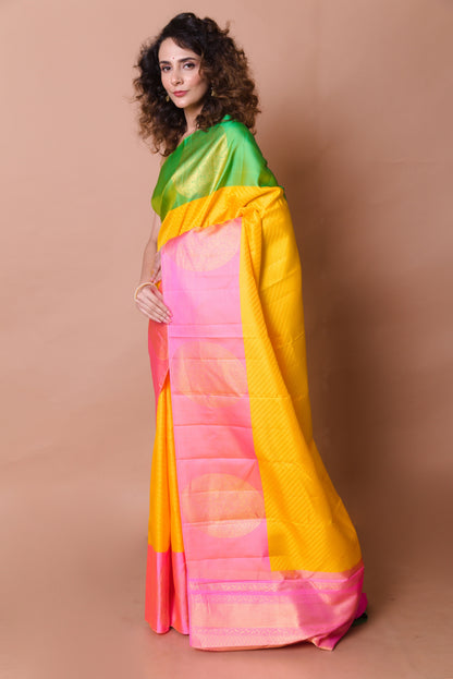 Kanchipuram Silk Brocade Yellow Saree With Ganga Jamuna Border