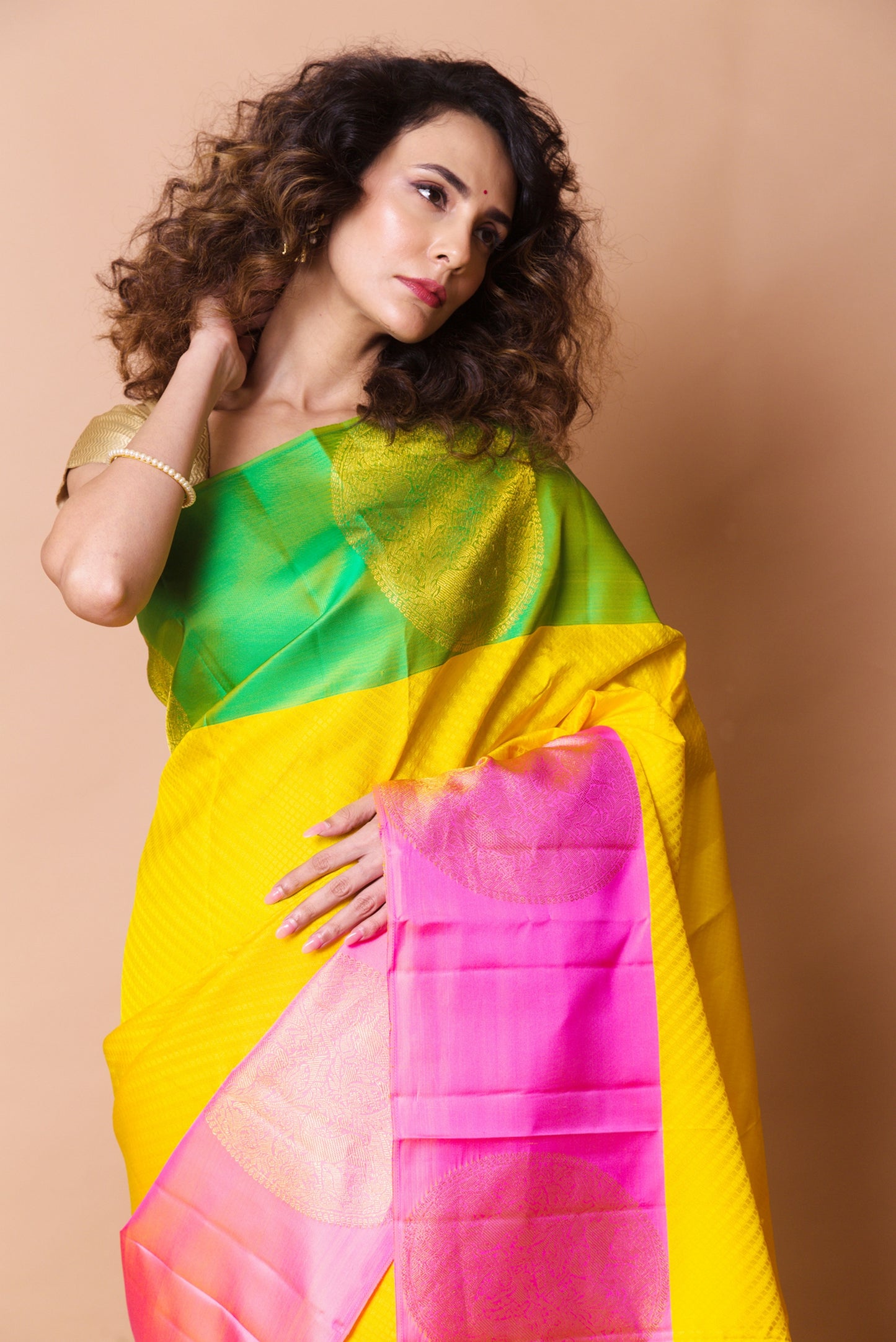 Kanchipuram Silk Brocade Yellow Saree With Ganga Jamuna Border