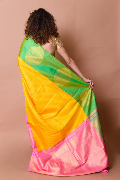 Kanchipuram Silk Brocade Yellow Saree With Ganga Jamuna Border