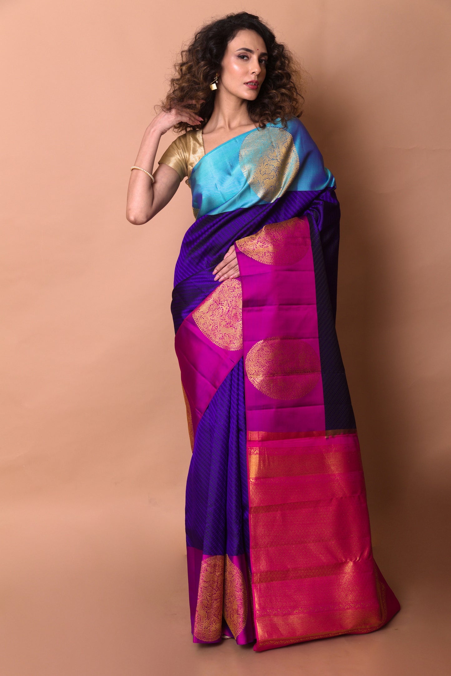 Kanchipuram Silk Brocade Violet Saree With Ganga Jamuna Border
