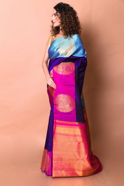 Kanchipuram Silk Brocade Violet Saree With Ganga Jamuna Border