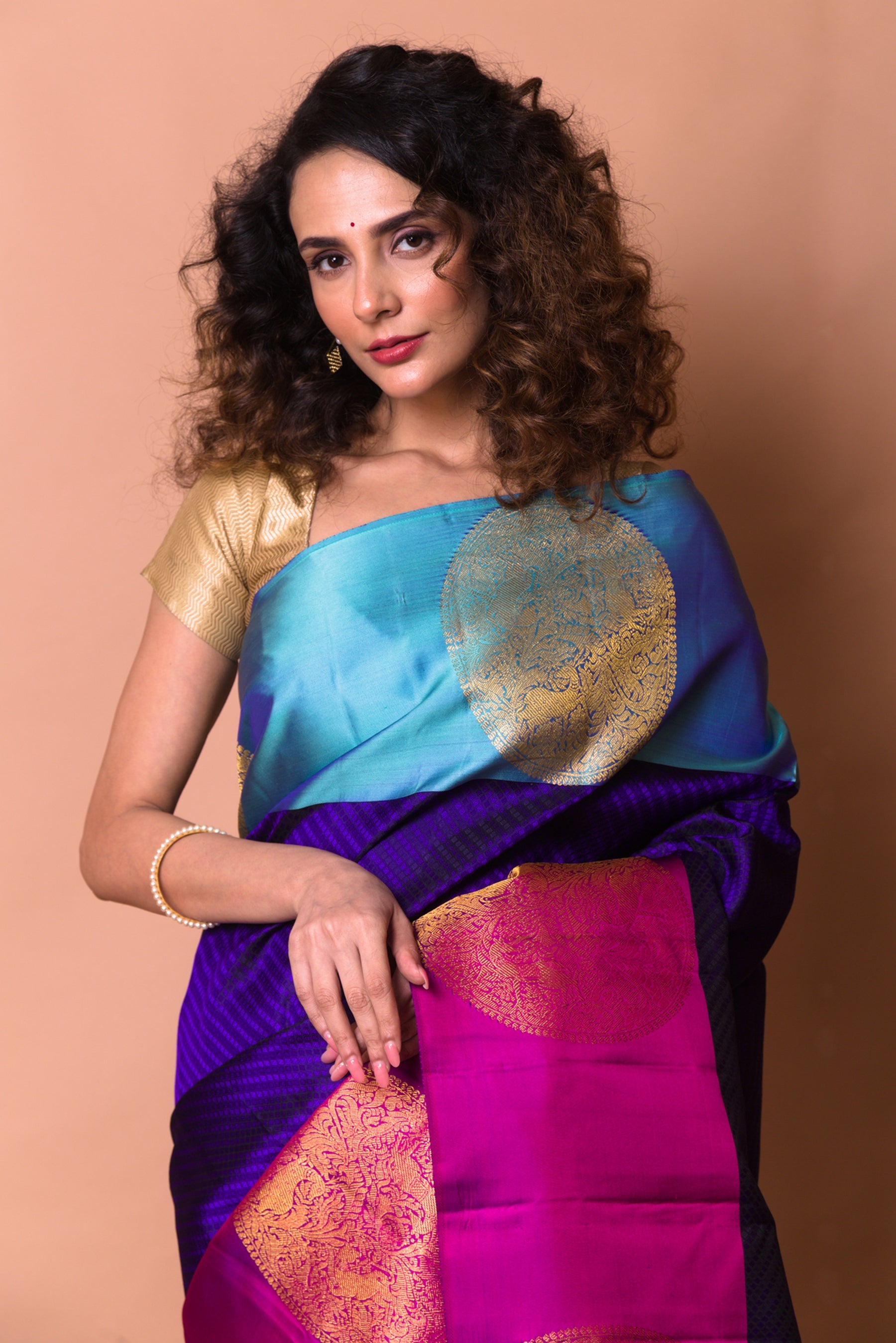 Kanchipuram Silk Brocade Violet Saree With Ganga Jamuna Border