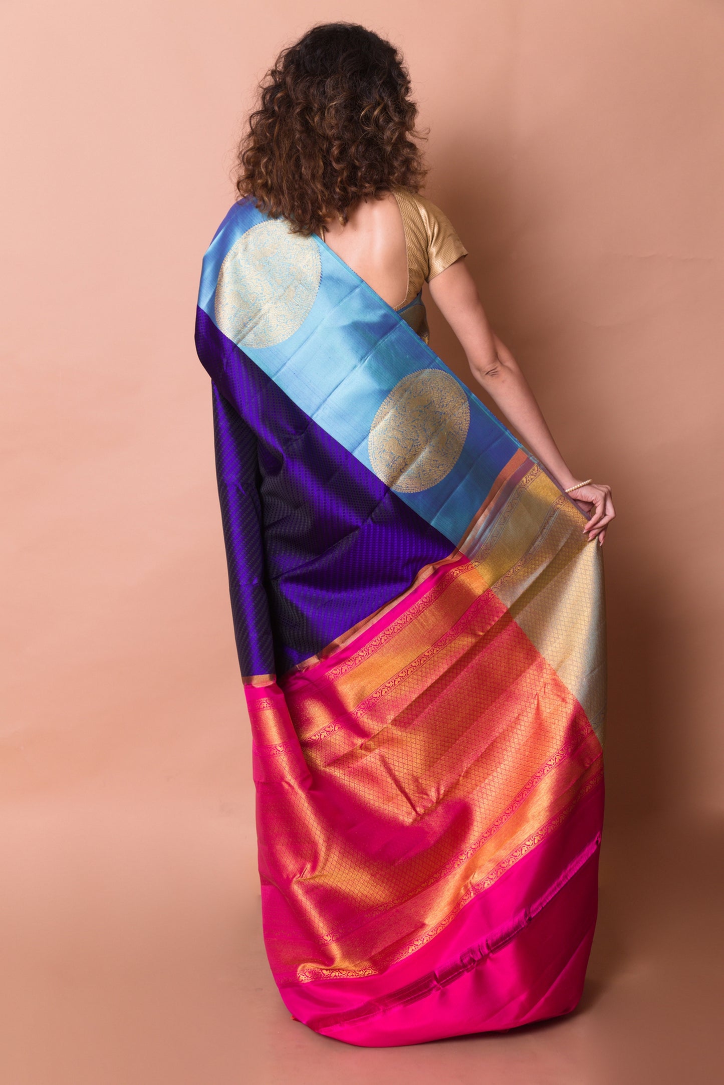 Kanchipuram Silk Brocade Violet Saree With Ganga Jamuna Border