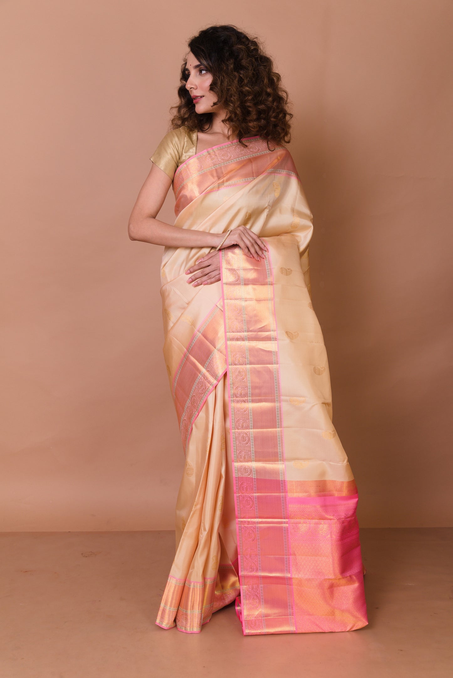 Kanchipuram Silk Butta Cream Saree