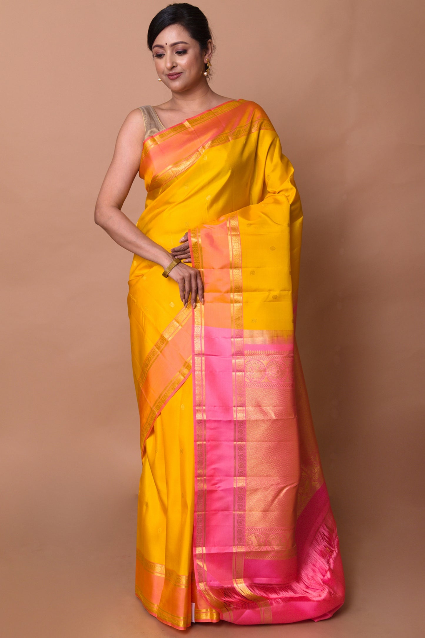 Kanchipuram Silk Butta Yellow Saree With Rettai Pattu Border