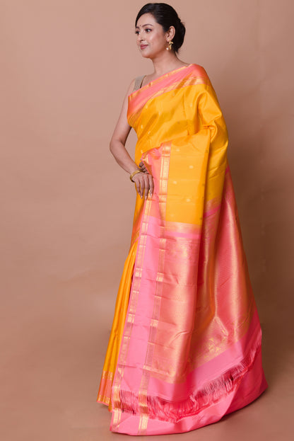 Kanchipuram Silk Butta Yellow Saree With Rettai Pattu Border