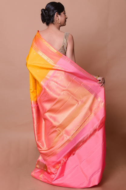 Kanchipuram Silk Butta Yellow Saree With Rettai Pattu Border