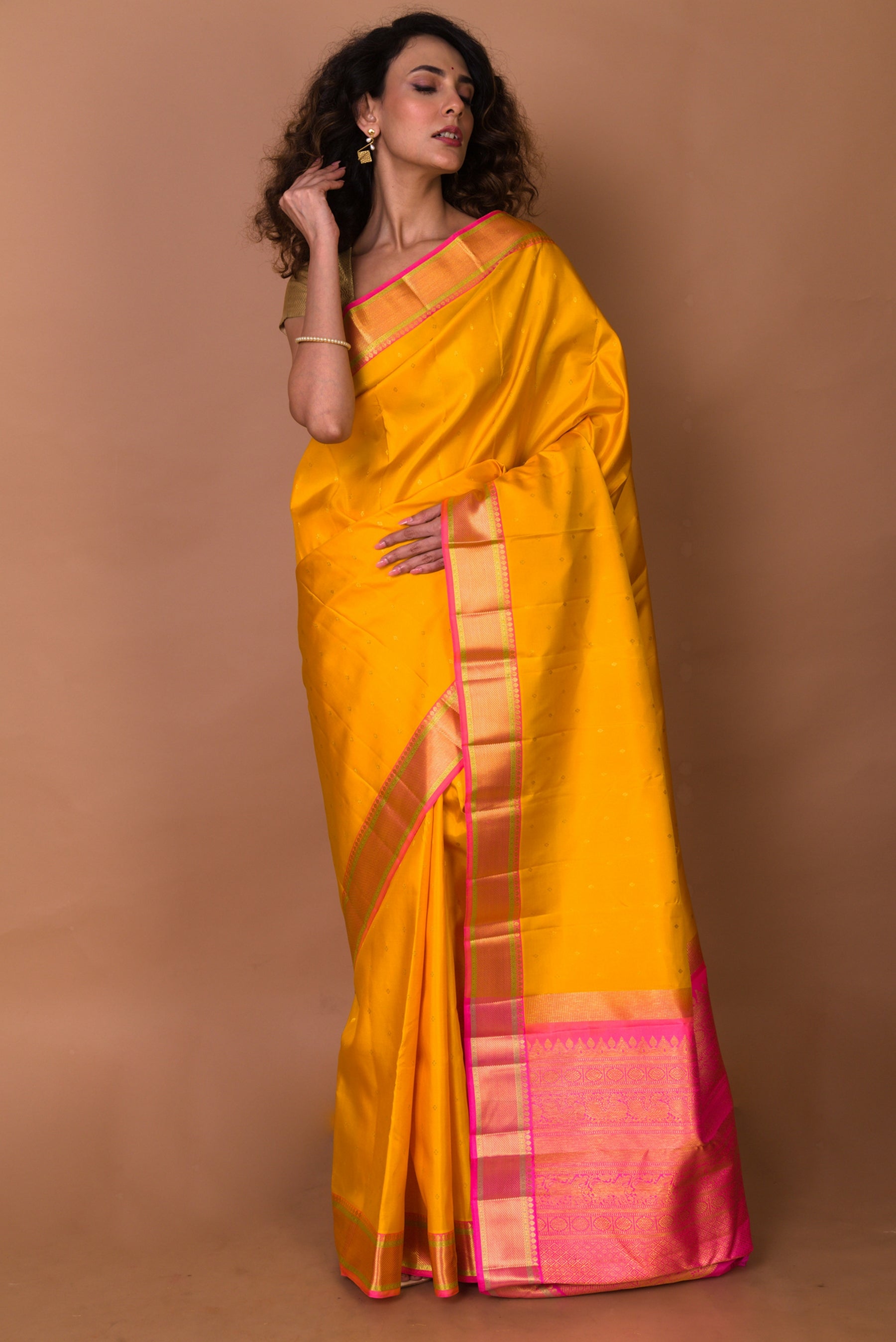 Kanchipuram Silk Butta Mustard Yellow Saree