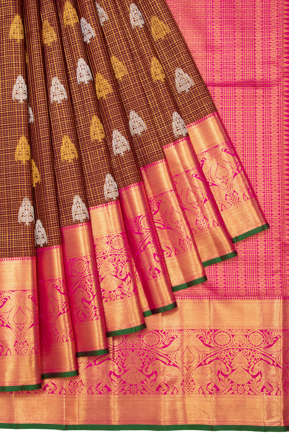 Kanchipuram Silk Checks And Butta Brown Saree
