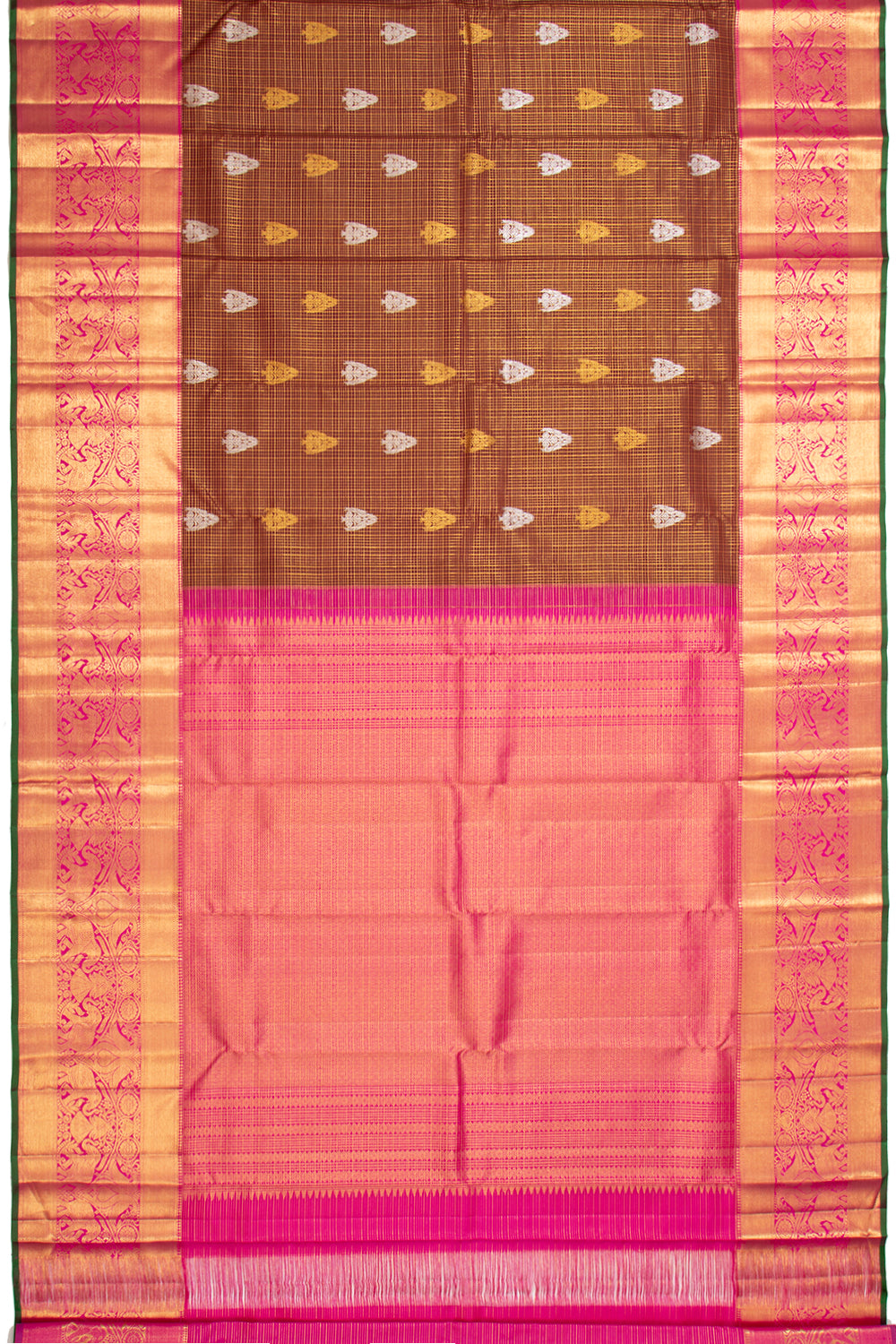 Kanchipuram Silk Checks And Butta Brown Saree