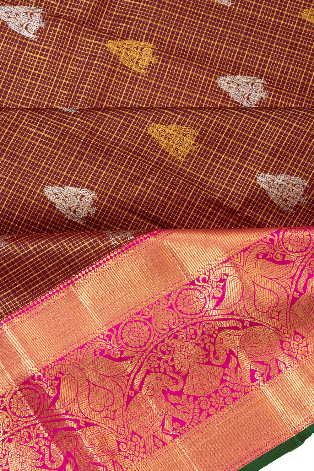 Kanchipuram Silk Checks And Butta Brown Saree