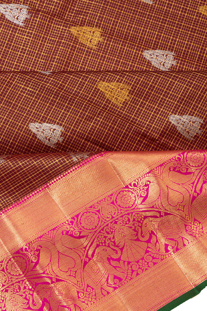 Kanchipuram Silk Checks And Butta Brown Saree