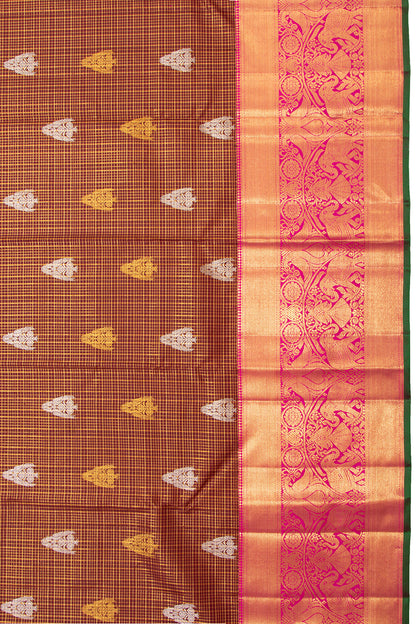 Kanchipuram Silk Checks And Butta Brown Saree