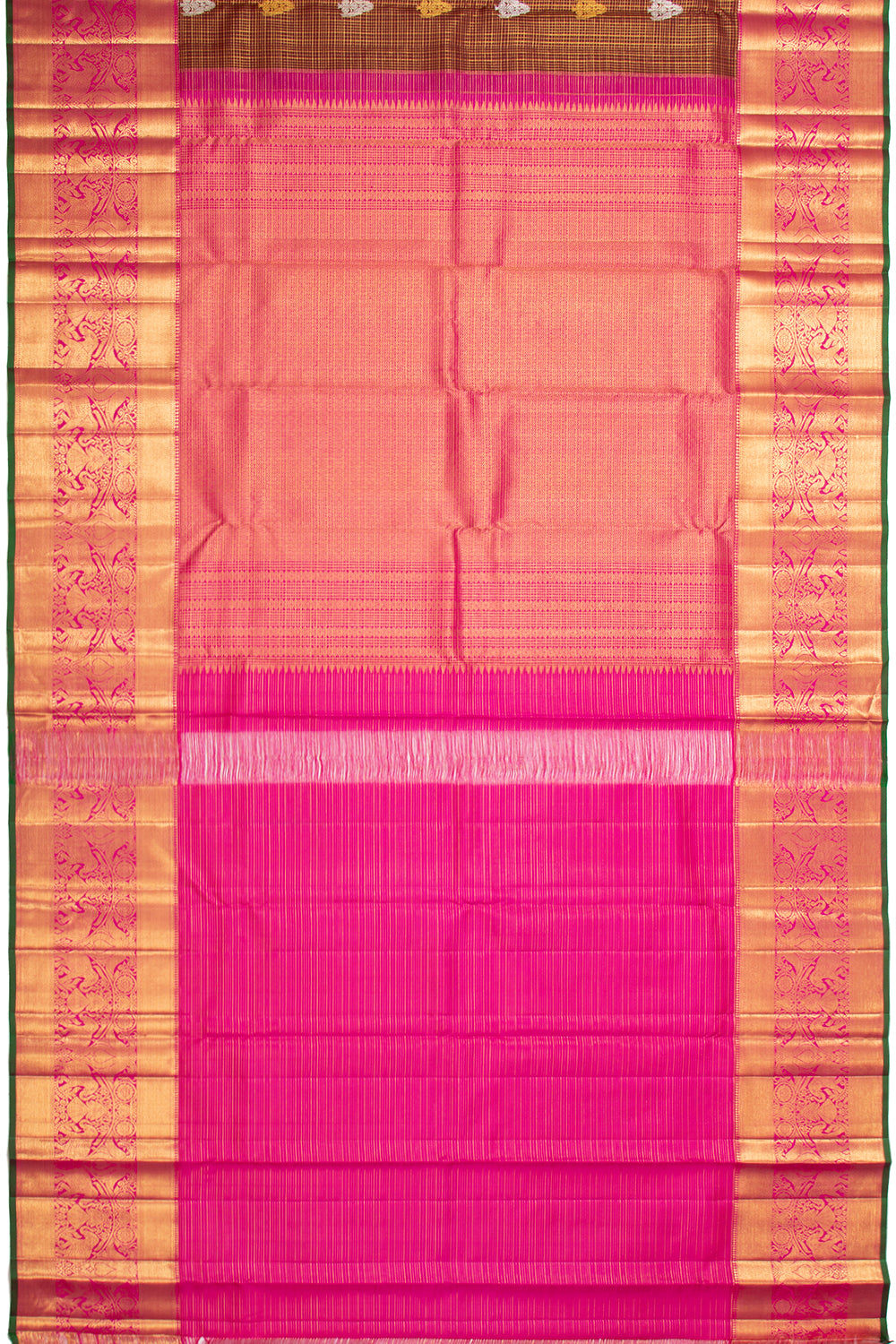 Kanchipuram Silk Checks And Butta Brown Saree
