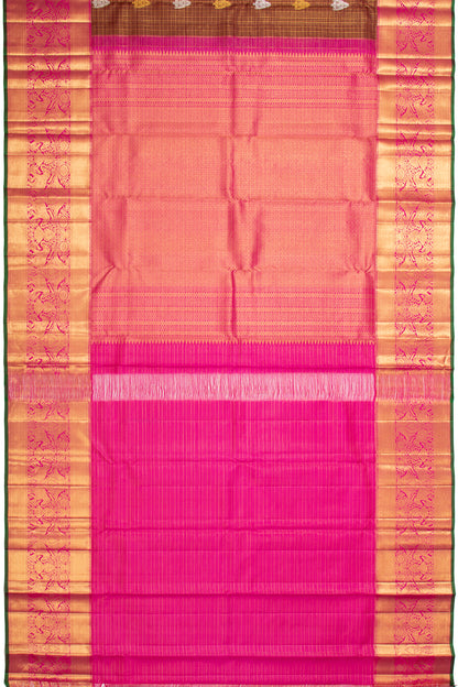 Kanchipuram Silk Checks And Butta Brown Saree