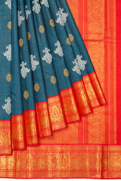 Kanchipuram Silk Checks And Butta Teal Blue Saree
