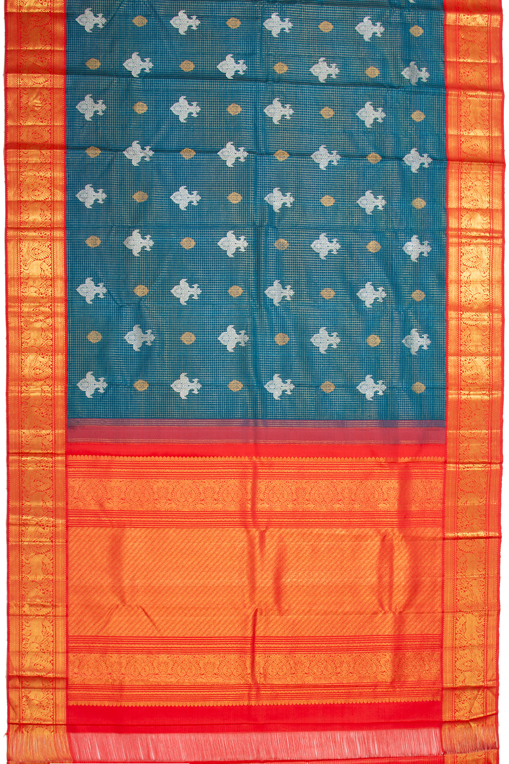 Kanchipuram Silk Checks And Butta Teal Blue Saree