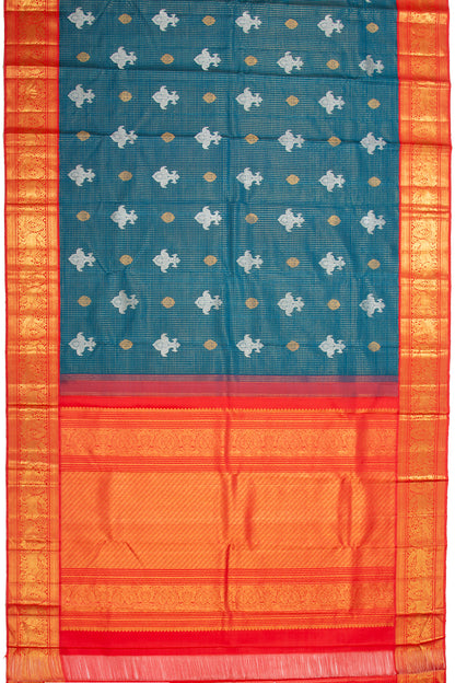 Kanchipuram Silk Checks And Butta Teal Blue Saree