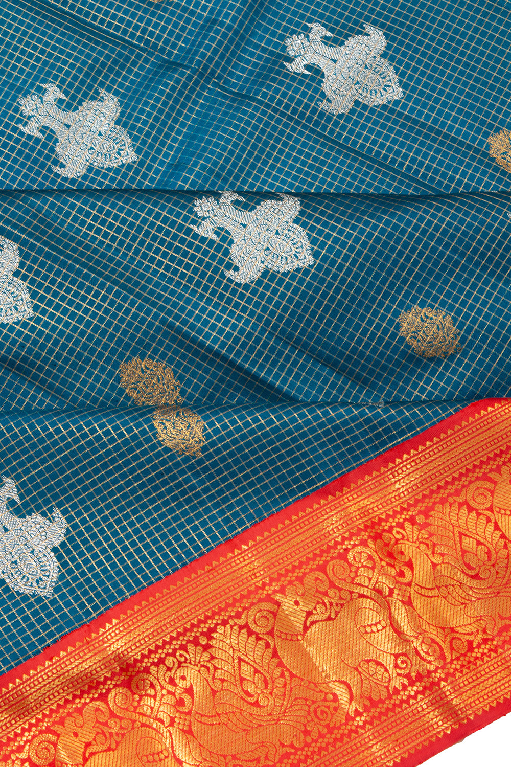 Kanchipuram Silk Checks And Butta Teal Blue Saree