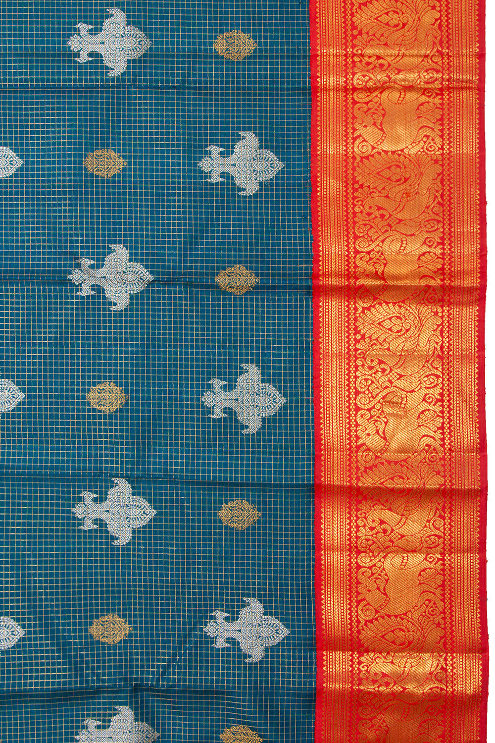 Kanchipuram Silk Checks And Butta Teal Blue Saree