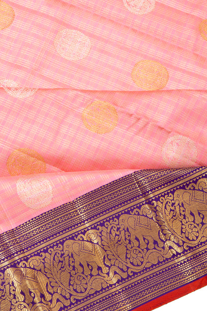 Kanchipuram Silk Checks And Butta Baby Pink Saree
