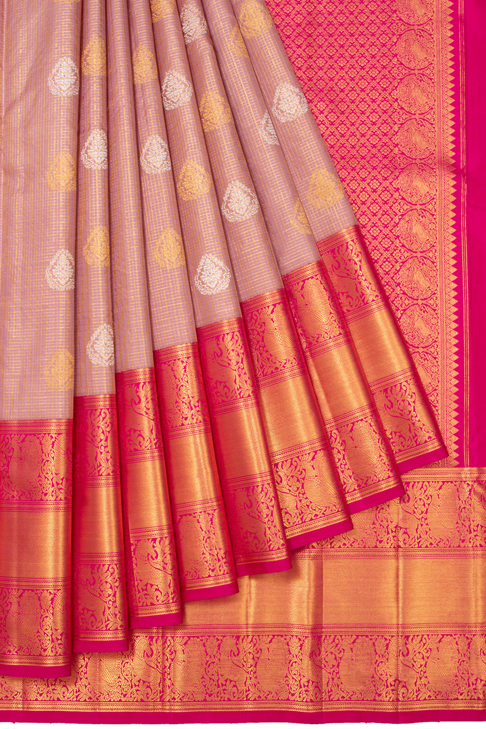 Kanchipuram Silk Checks And Butta Lilac Saree