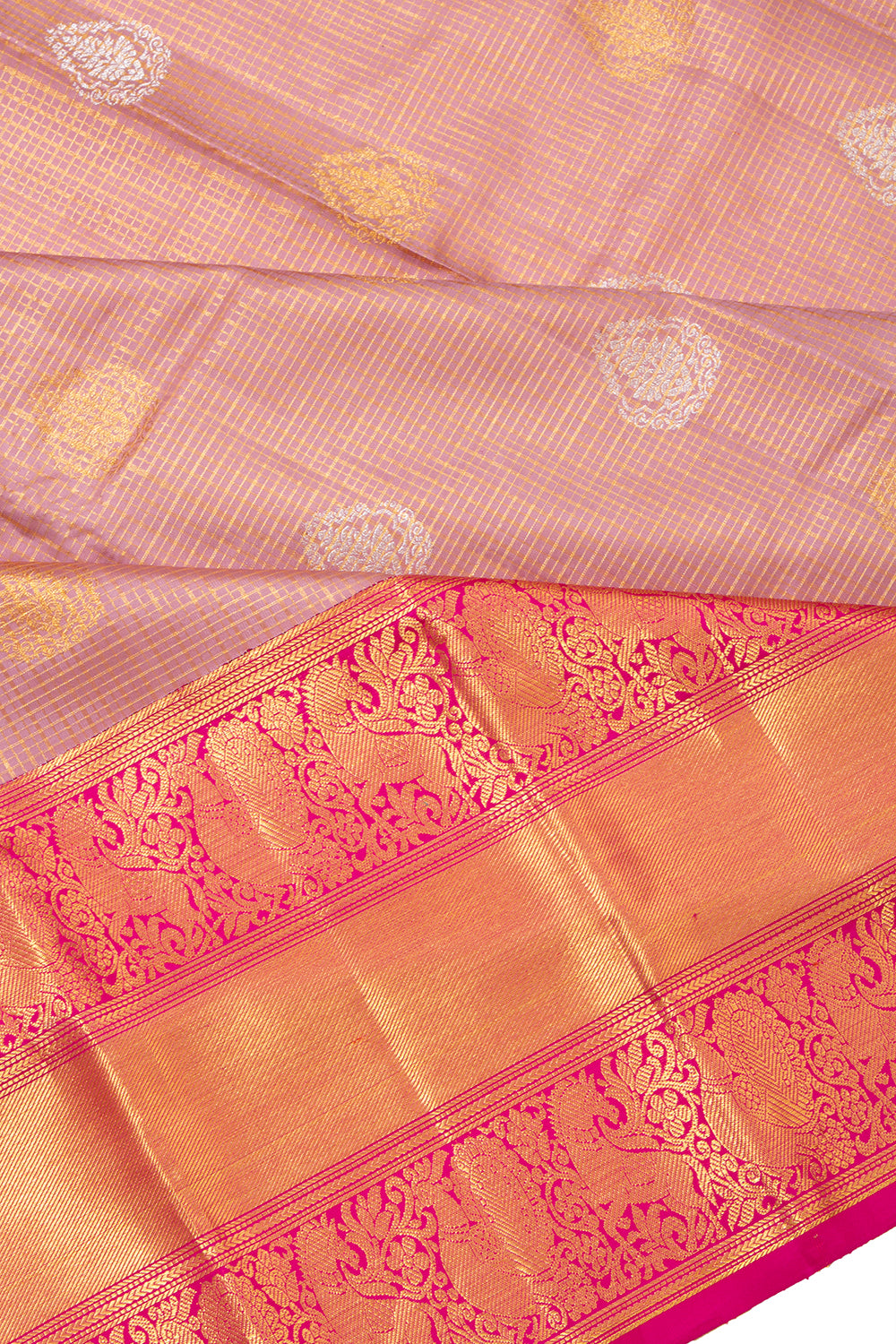 Kanchipuram Silk Checks And Butta Lilac Saree