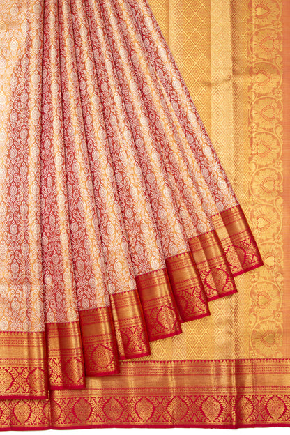 Kanchipuram Silk Tissue Brocade Orange Saree With Small Border