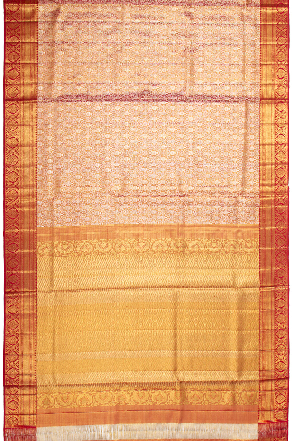 Kanchipuram Silk Tissue Brocade Orange Saree With Small Border
